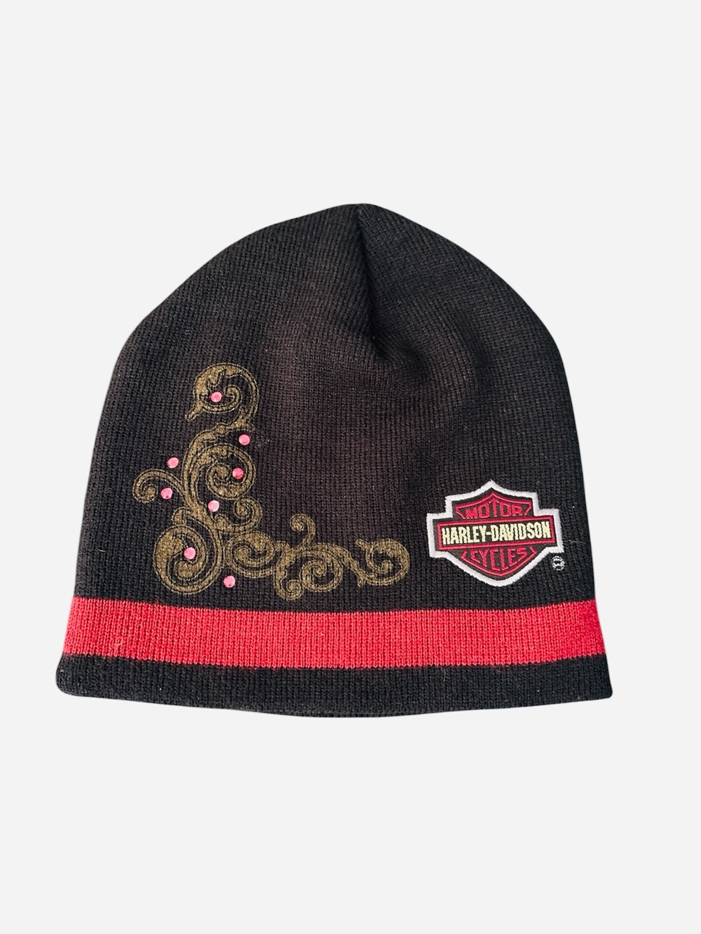 Harley-Davidson Black Beanie with Red Stripe and Gold Scroll